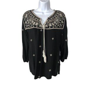 Tantrum Top Women Size L Black w White Embroidery Beading 3/4 Sleeves Tassels